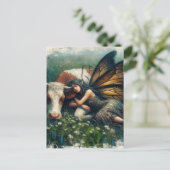 Fairy Queen schläft auf ihrem Haustier Kuh Postkarte (Stehend Vorderseite)