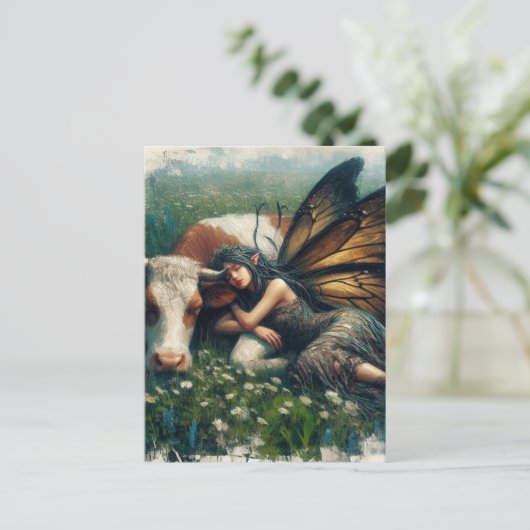 Fairy Queen schläft auf ihrem Haustier Kuh Postkarte (Stehend Vorderseite)