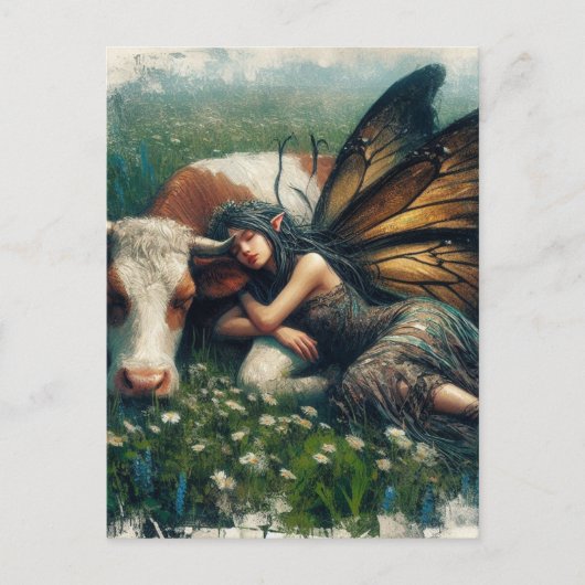 Fairy Queen schläft auf ihrem Haustier Kuh Postkarte (Vorderseite)