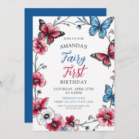 Fairy Red & Blue Butterfly Floral Erster Geburtsta Einladung (Vorne/Hinten)