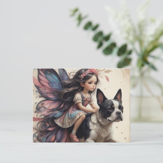 Fairy Riding a Boston Terrier Fantasy Postkarte (Stehend Vorderseite)