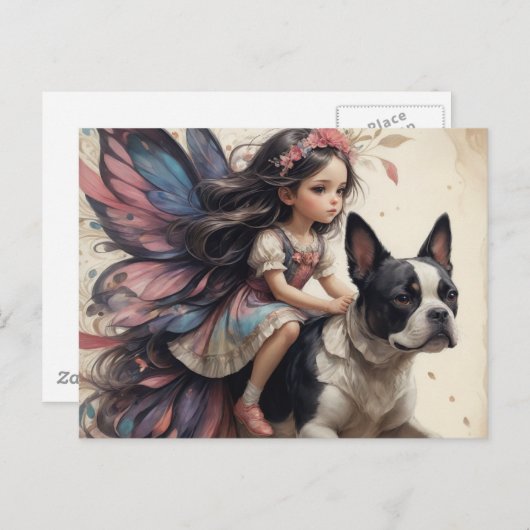 Fairy Riding a Boston Terrier Fantasy Postkarte (Vorne/Hinten)