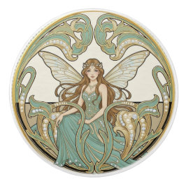 Fairy Sage Green & Gold Art Deco Nouveau Keramikknauf