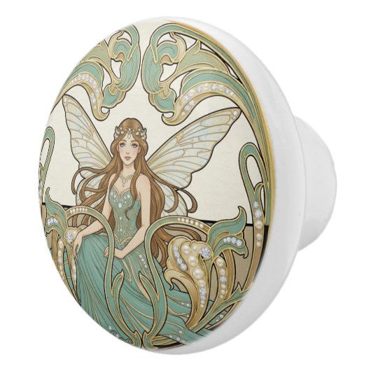 Fairy Sage Green & Gold Art Deco Nouveau Keramikknauf (Rechts)