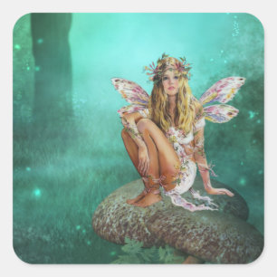 Fairy sitzt auf einem Mushroo Fantasy Square Stick Quadratischer Aufkleber