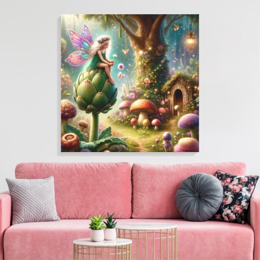 Fairy sitzt auf einer Artichoke Magical Illutratio Leinwanddruck (Insitu (Wohnzimmer))