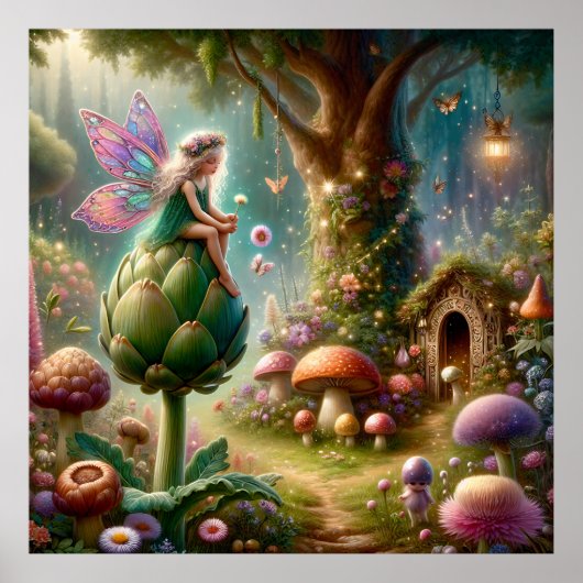 Fairy sitzt auf einer Artichoke Magical Illutratio Poster (Vorne)