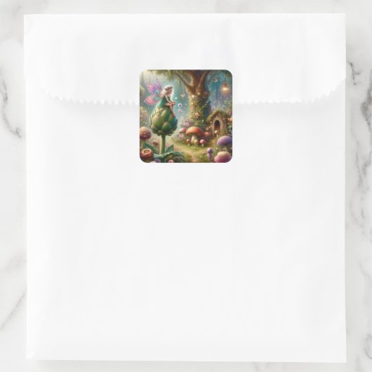 Fairy sitzt auf einer Artichoke Magical Illutratio Quadratischer Aufkleber (Tasche)
