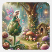 Fairy sitzt auf einer Artichoke Magical Illutratio Quadratischer Aufkleber (Vorderseite)