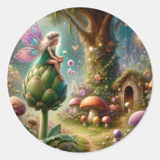 Fairy sitzt auf einer Artichoke Magical Illutratio Runder Aufkleber (Vorderseite)