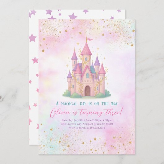 Fairy Tale Castle Pink Birthday Party Invitation Einladung (Vorne/Hinten)