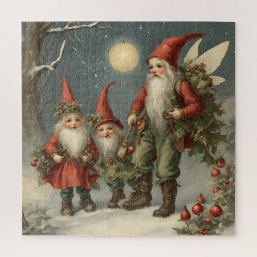 Fairy Tale Christmas Gnome Familie im Winterwald Puzzle (Vertikal)