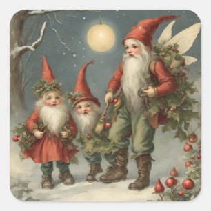 Fairy Tale Christmas Gnome Familie im Winterwald Quadratischer Aufkleber