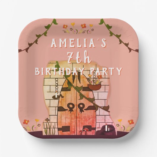 Fairy Tale Door Blume Zeichnend Girl Birthday Part Pappteller (Vorderseite)