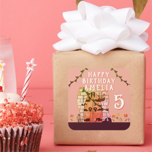 Fairy Tale Door Blume Zeichnend Girl Birthday Part Quadratischer Aufkleber (Party)