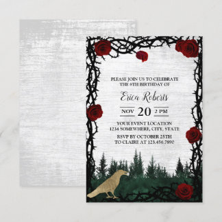 Fairy Tale Forest Rose & Thorn Gold Bird Birthday Einladung