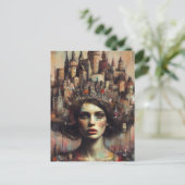 Fairy Tale Frau mit Burgstadt auf ihrem Kopf Postkarte (Stehend Vorderseite)