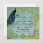 Fairy Tale Gold Filigree Peacock & Crown Save The Date (Vorne/Hinten)