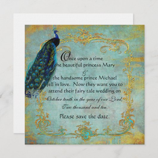 Fairy Tale Gold Filigree Peacock & Crown Save The Date (Vorne/Hinten)