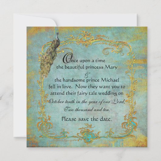 Fairy Tale Gold Filigree Peacock & Crown Save The Date (Vorderseite)