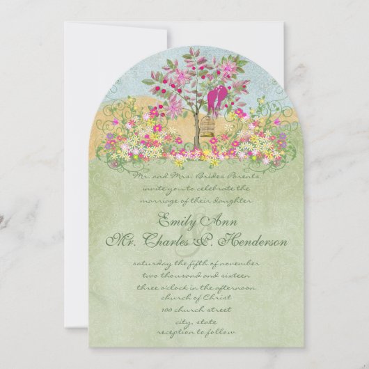 Fairy Tale Pink Green Floral Lovebird Tree Wedding Einladung (Vorderseite)