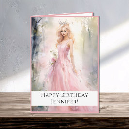 Fairy Tale Princess in Pink Happy Birthday Name Karte