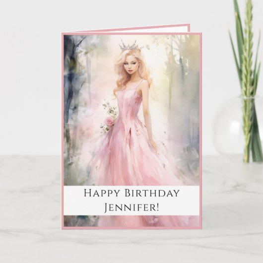Fairy Tale Princess in Pink Happy Birthday Name Karte (Vorderseite)
