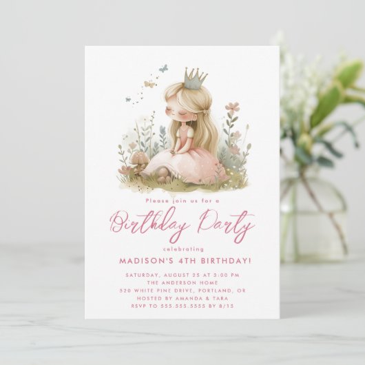 Fairy Tale Princesses Pink Birthday Party Einladung (Stehend Vorderseite)