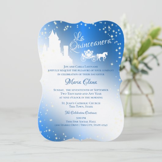 Fairy Tale Quinceanera Sapphire Sparkle Castle Inv Einladung (Stehend Vorderseite)
