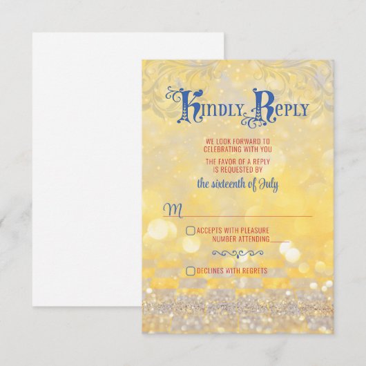 Fairy Tale Rote Rose Blue Gold Wedding RSVP Karte (Vorne/Hinten)
