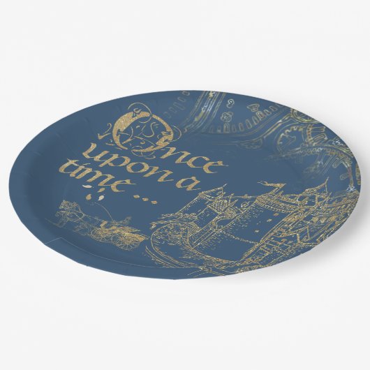 Fairy Tale Thema Burg Beförderung Gold auf Navy Bl Pappteller (Schrägansicht)