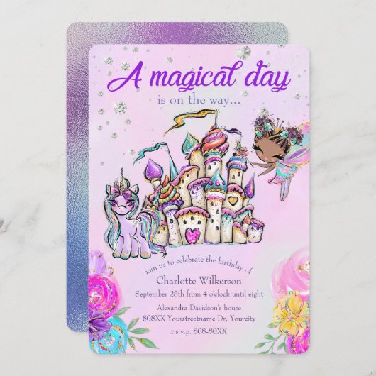 Fairy Tale Themenschloss Rainbow Unicorn Einladung (Vorne/Hinten)