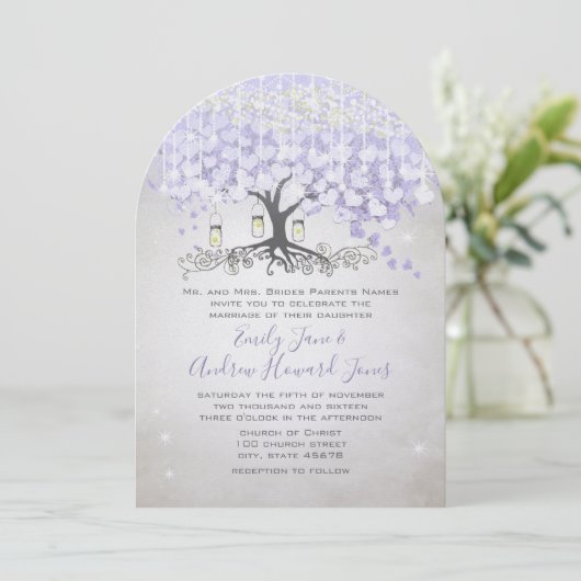 Fairy Tale Ultra Violet Heart Leaf Tree Wedding Einladung (Stehend Vorderseite)