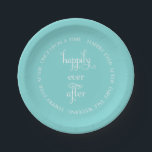 Fairy Tale Wedding Happily Aqua Paper Plate Pappteller<br><div class="desc">Die Worte "glücklich immer danach" in einem Wirblen Drehbuch sind umgeben von einem Textring "einmal nach der Zeit; glücklich immer danach; märchenhafte Hochzeit" in Weiß auf einem aquablau grünen Hintergrund. In meinem Zazzle-Shop stehen passende Artikel und andere Märchendesigns zur Verfügung.</div>