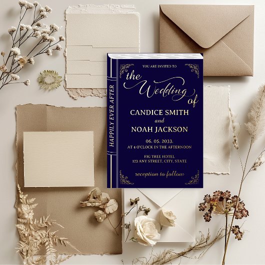 Fairy Tale Whimsical Book Cover Navy Blue Wedding Folieneinladung