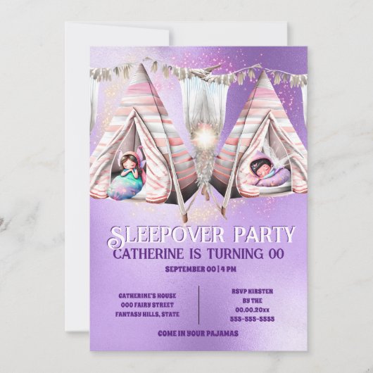 Fairy Theme Teepe lila glänzend-sleepover-Schlumme Einladung (Vorderseite)
