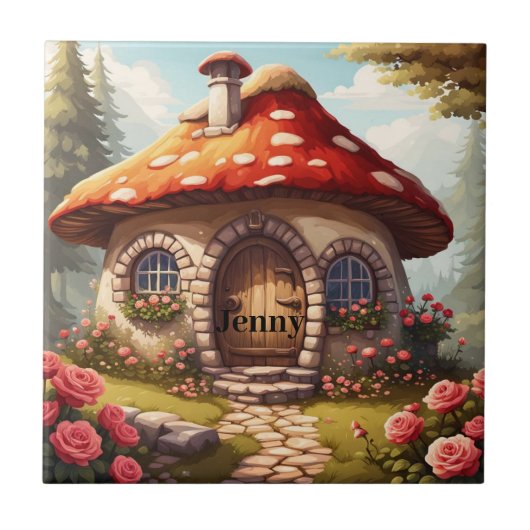 Fairy Toadstool House. Bearbeitbarer Name Fliese (Vorderseite)