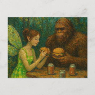 Fairy und Sasquatch essen Cheeseburgers Postkarte