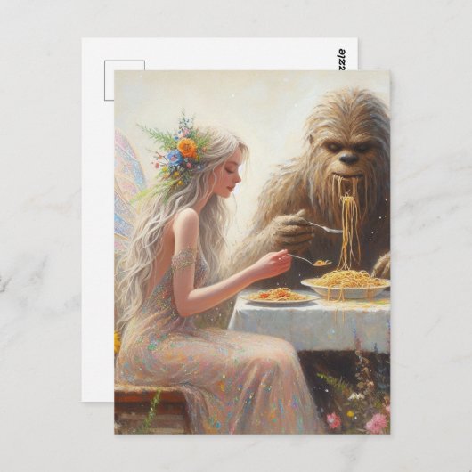 Fairy und Sasquatch essen Spaghetti Postkarte (Vorne/Hinten)