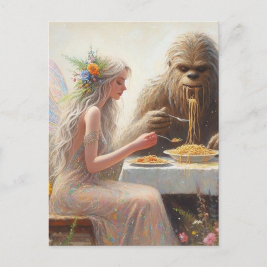 Fairy und Sasquatch essen Spaghetti Postkarte (Vorderseite)