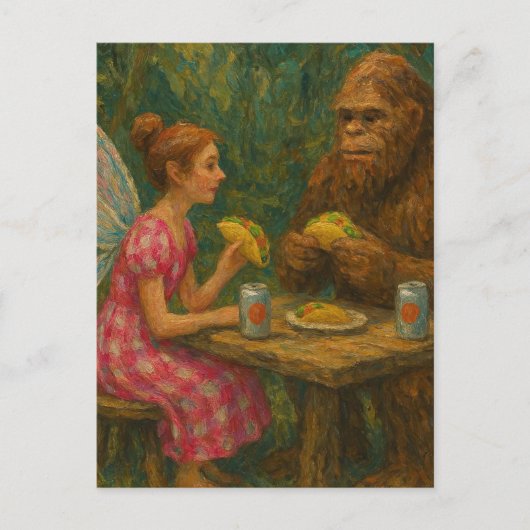 Fairy und Sasquatch essen Tacos Postkarte (Vorderseite)