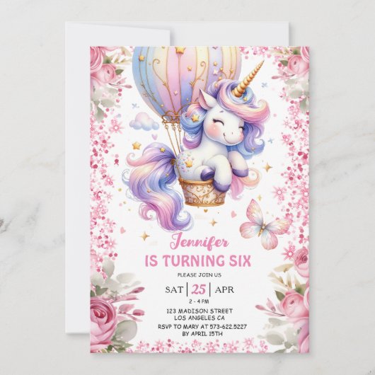 Fairy Unicorn 6th Birthday Girl Pink Unicorn Einladung (Vorderseite)