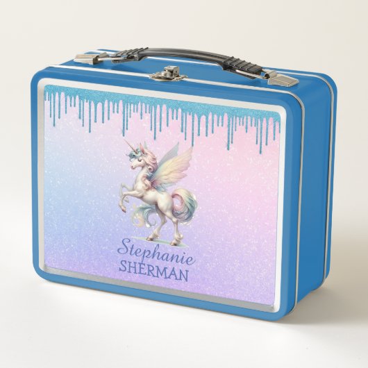 Fairy Unicorn Dripping Blue Glitzer Metall Brotdose (Vorderseite)