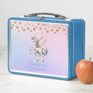 Fairy Unicorn Gold Stars Lila Pink Blue Glitzer Metall Brotdose