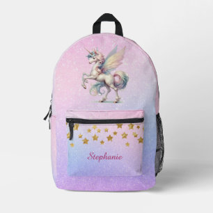Fairy Unicorn Pastel Lila Pink Glitzer Gold Star Bedruckter Rucksack