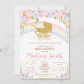 Fairy Vintag Pram Floral Gold Glitzer Baby Dusche Einladung (Vorderseite)