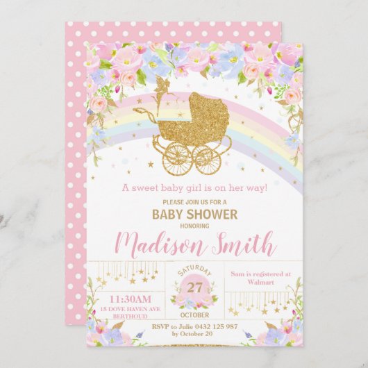 Fairy Vintag Pram Floral Gold Glitzer Baby Dusche Einladung (Vorne/Hinten)