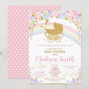 Fairy Vintag Pram Floral Gold Glitzer Baby Dusche Einladung
