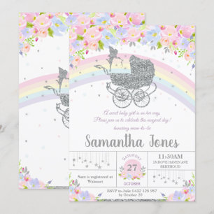 Fairy Vintag Pram Floral Silver Baby Dusche Einladung