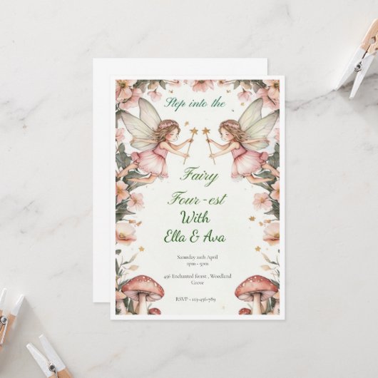 Fairy VIUR EST Birthday Einladung - Editable Twin (Vorderseite/Rückseite Beispiel)